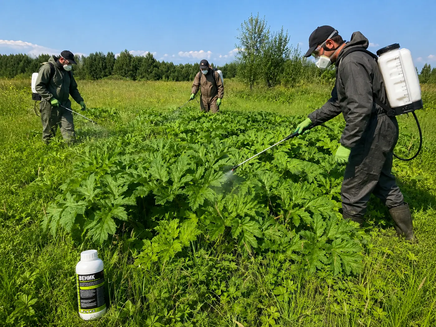 Обработка зарослей борщевика ранцевыми опрыскивателями в средствах индивидуальной защиты